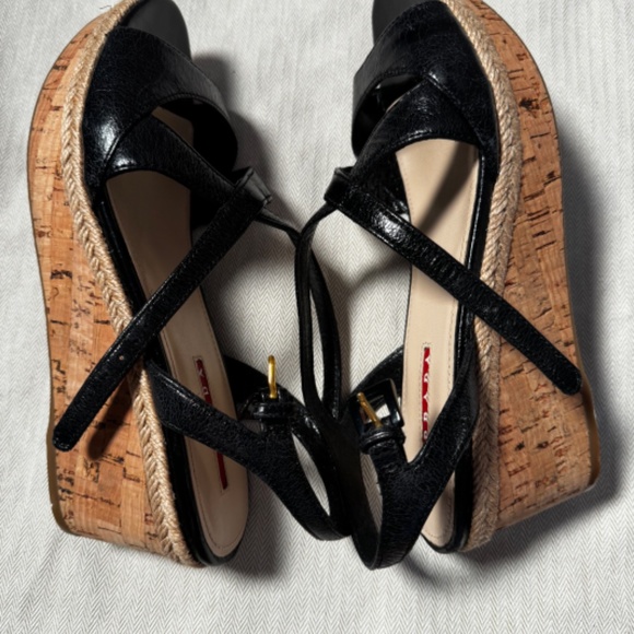 PRADA BLACK LEATHER ESPADRILLE SANDALS WEDGES SIZE 38 - Picture 4 of 7